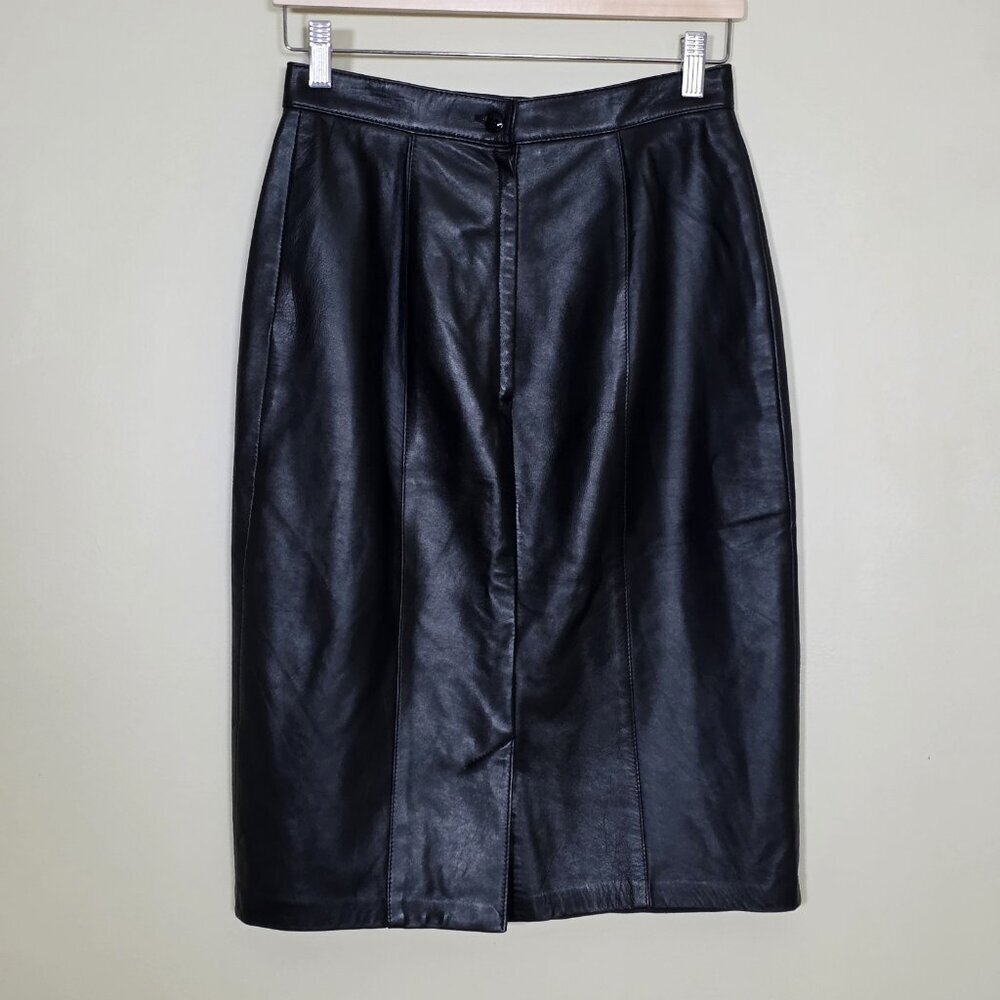 Liz Harbosin Black Leather Skirt 12 VTG Midi Lined Back Zip Slit Canada Bossy - Picture 16 of 16